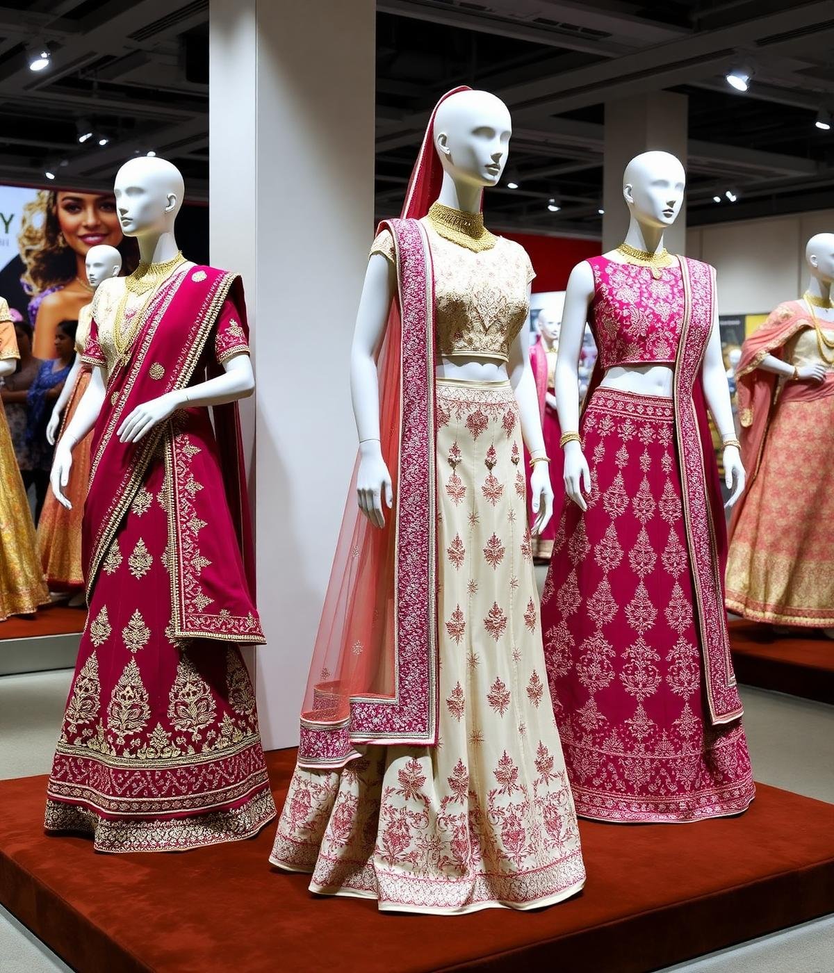 Bridal lehengas and sarees displayed at an Indian fashion exhibition