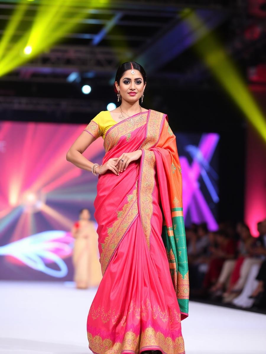 Model in an embroidered saree on an Indian fashion show runway