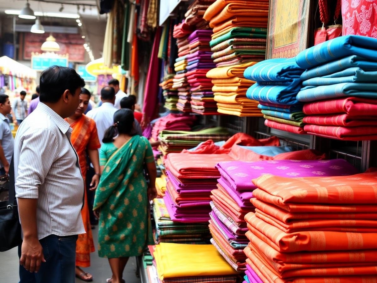 Shoppers browsing colourful Indian textile stalls