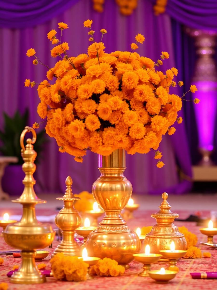Indian wedding decor with marigolds and glowing diyas