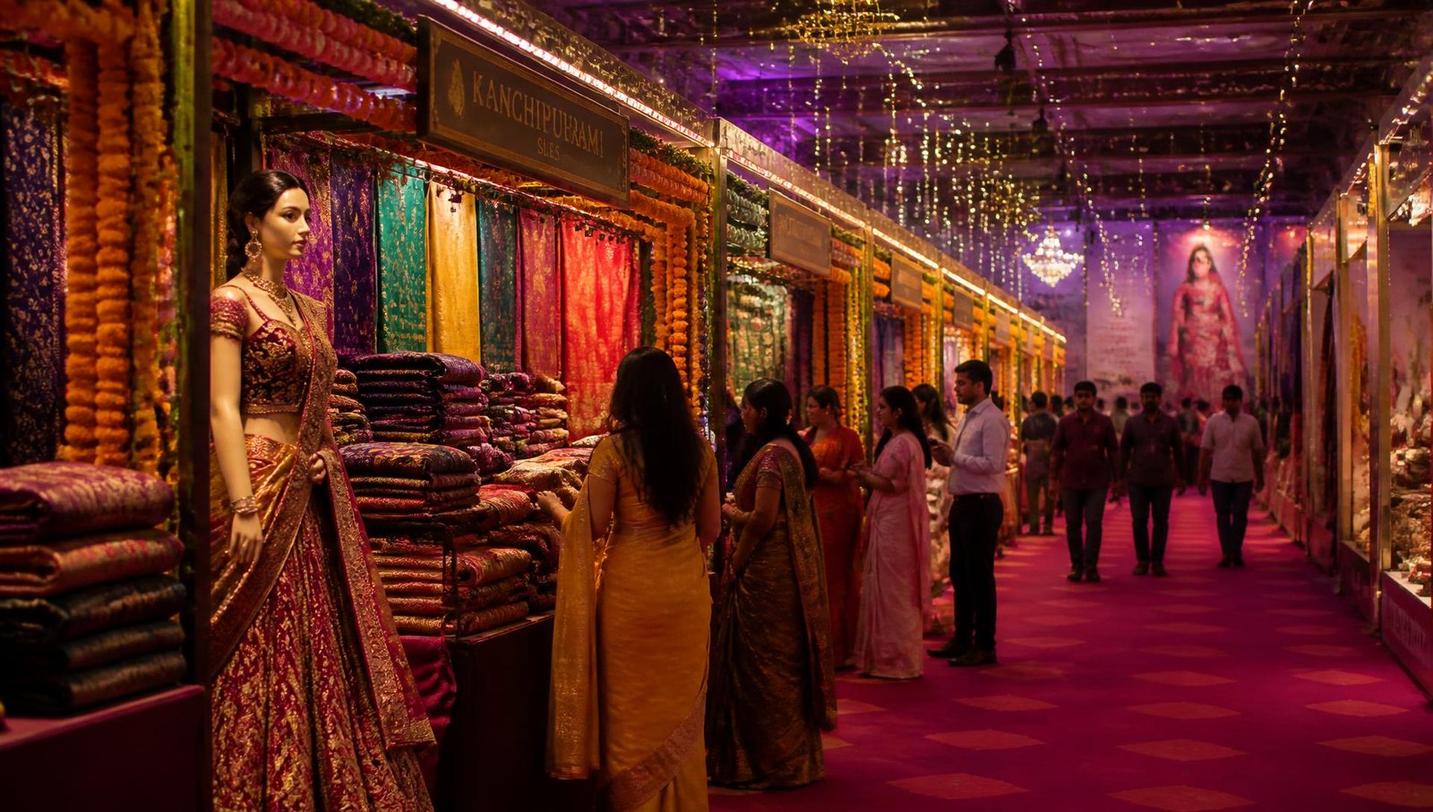 Visitors browsing colourful saree and lehenga stalls at an Indian shopping expo